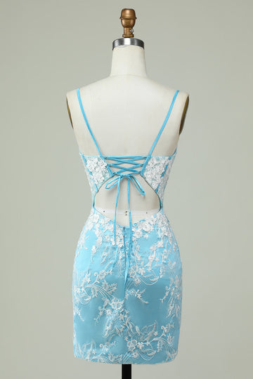 Tiratnes de Espagueti Azul Claro Vestido de Cóctel Con Apliques